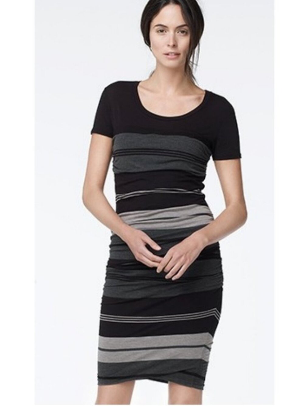 James Perse Striped T Shirt Dress Size S Black Gray Ruched Midi